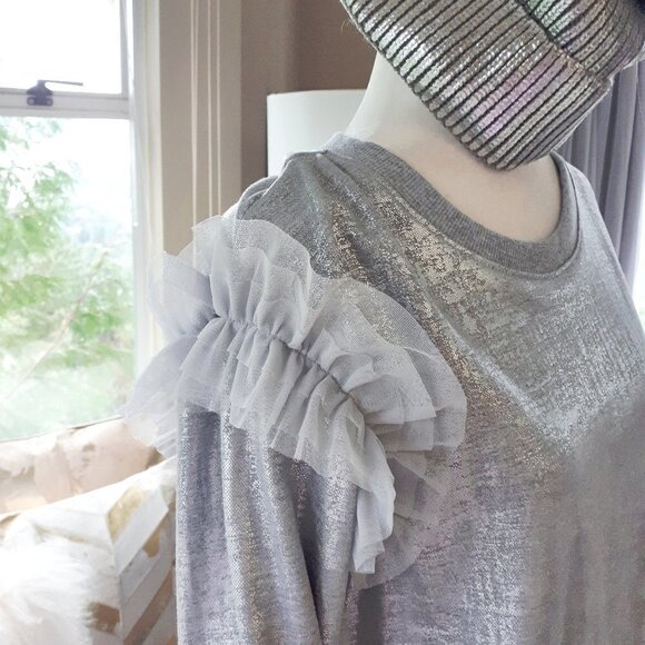 NWT Piazza Del Tempio silver foil ruffle tulle accent sweatshirt, L - Picture 3 of 7